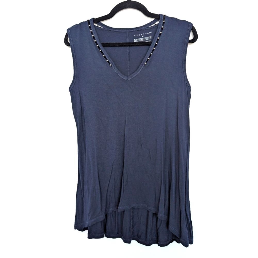 Elie Tahari Viscose Blend Bead Detail Flowy V Neck Tank Top Sz S/P in Navy